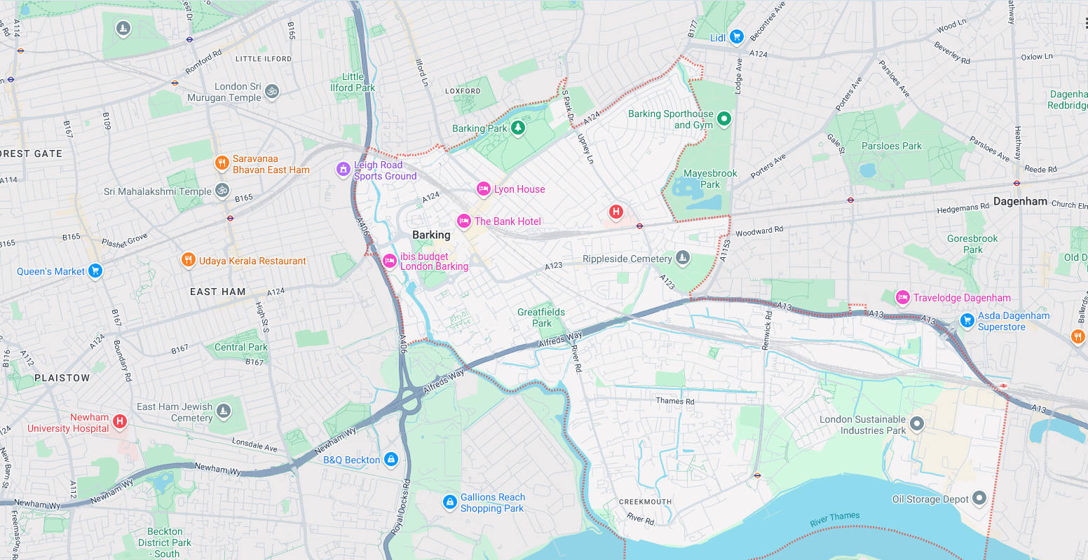 Map of and directions to Barking. One of the areas served by Romford Security Centre, Security Systems Installers