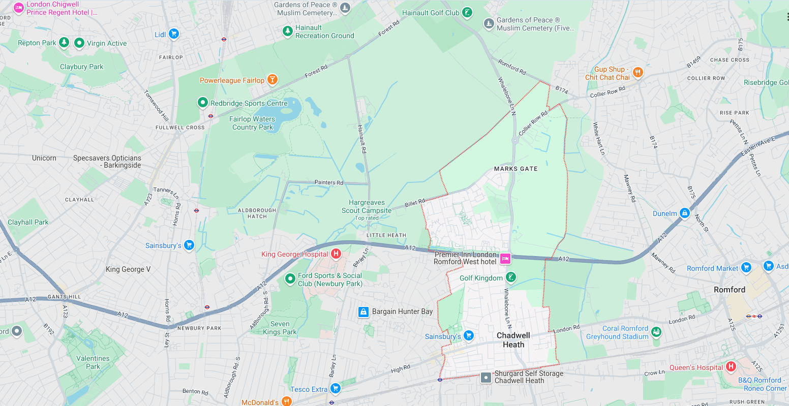 Map of and directions to Chadwell Heath. One of the areas served by Romford Security Centre, Security Systems Installers