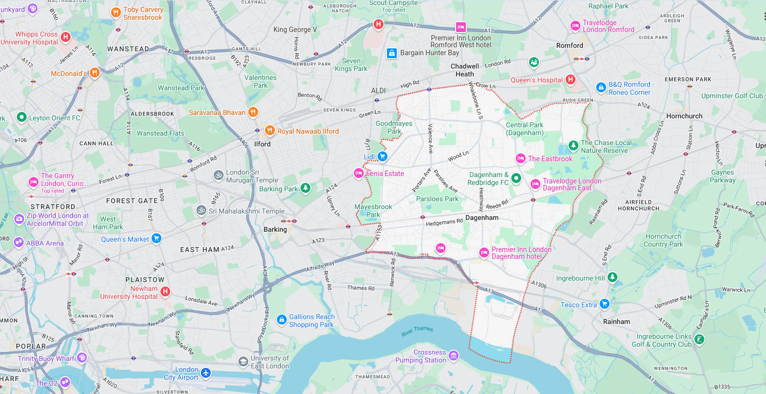 Map of and directions to Dagenham. One of the areas served by Romford Security Centre, Security Systems Installers