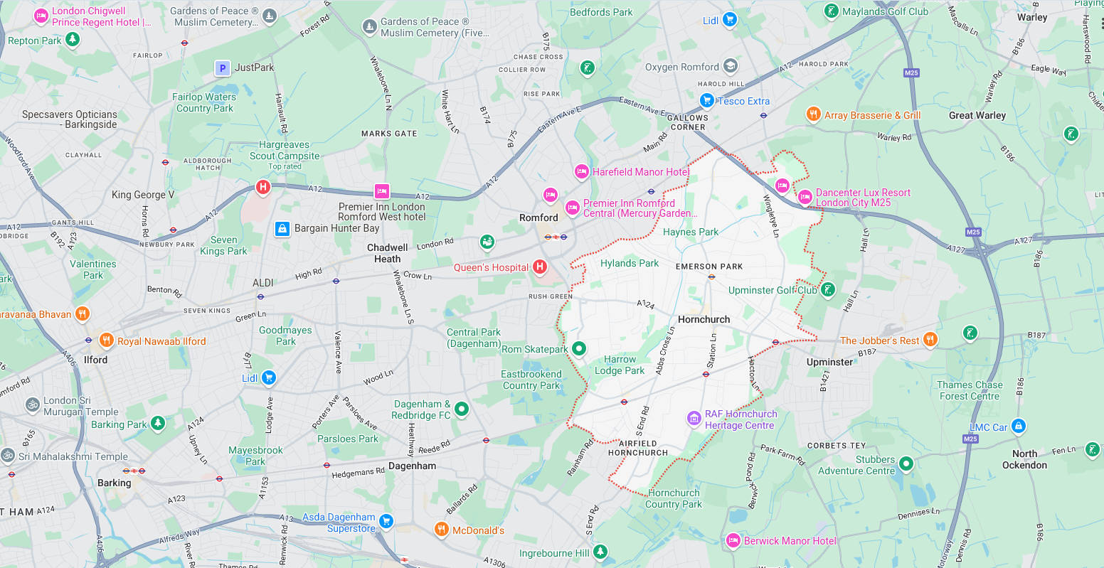 Map of and directions to Hornchurch. One of the areas served by Romford Security Centre, Security Systems Installers