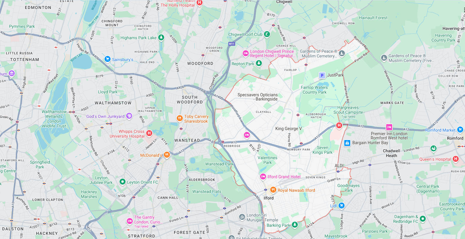 Map of and directions to Ilford. One of the areas served by Romford Security Centre, Security Systems Installers