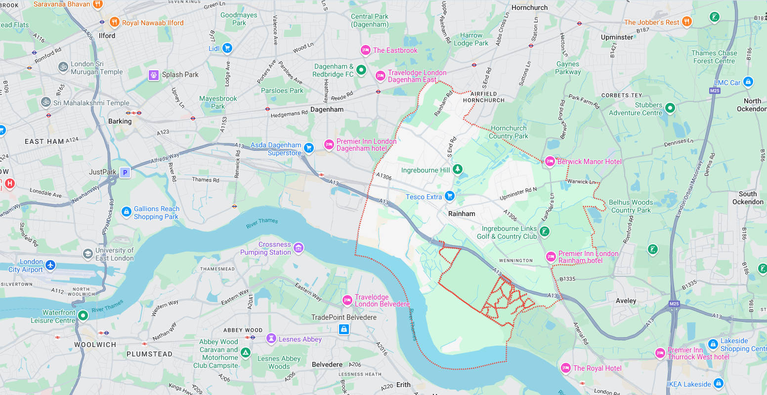 Map of and directions to Rainham. One of the areas served by Romford Security Centre, Security Systems Installers