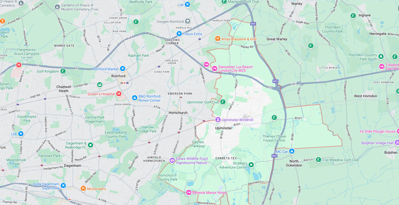 Map of and directions to Upminster. One of the areas served by Romford Security Centre, Security Systems Installers