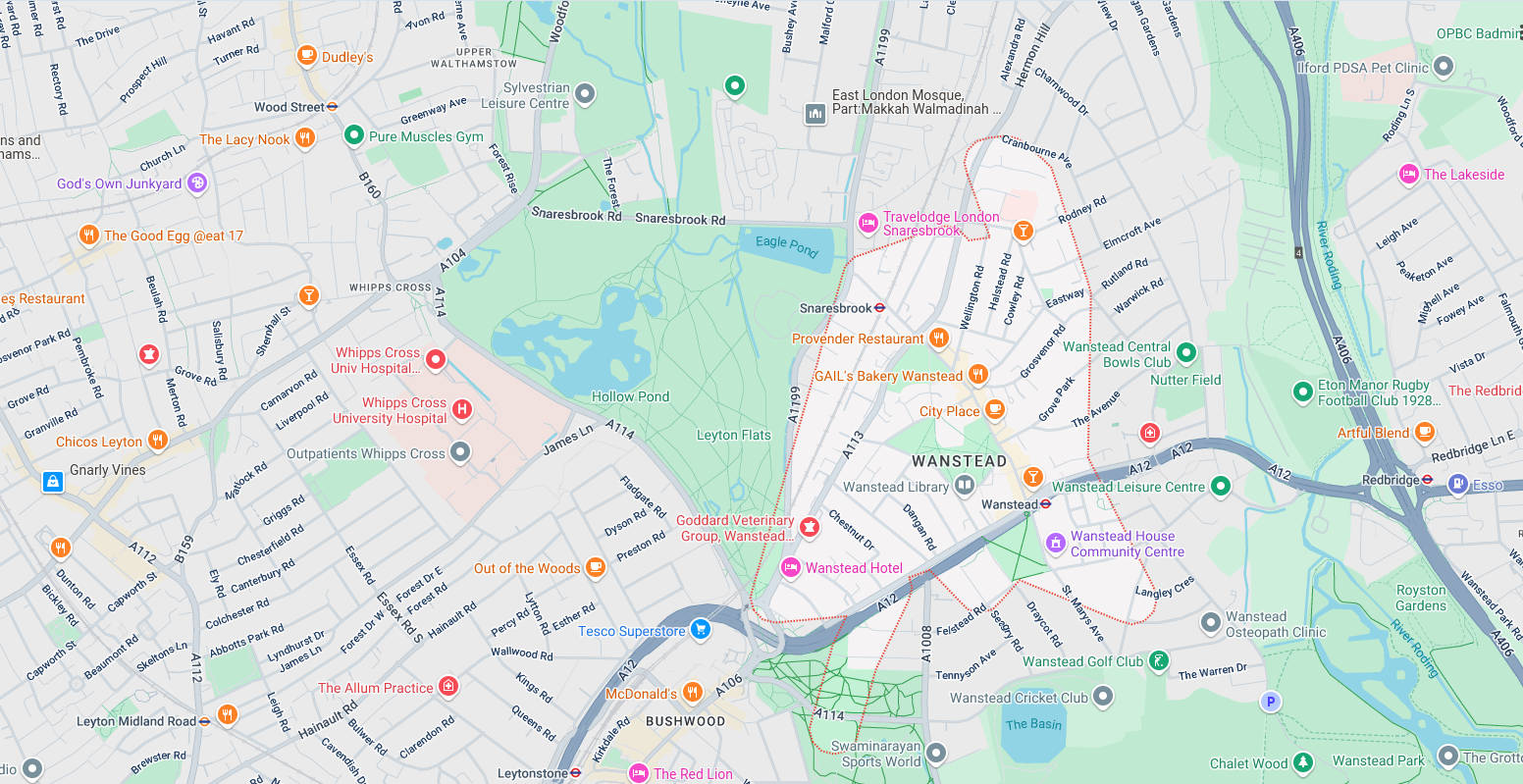 Map of and directions to Wanstead. One of the areas served by Romford Security Centre, Security Systems Installers