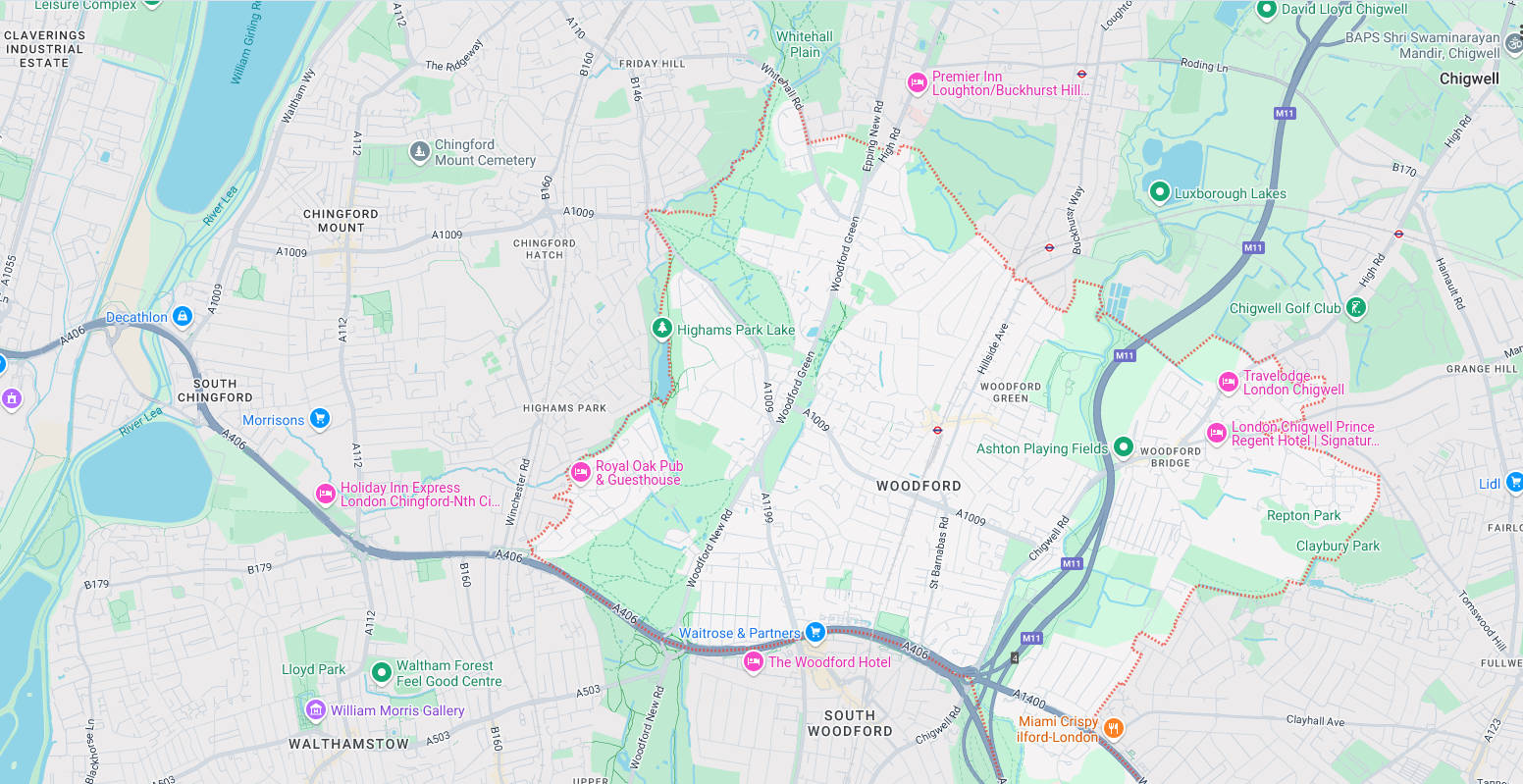 Map of and directions to Woodford. One of the areas served by Romford Security Centre, Security Systems Installers